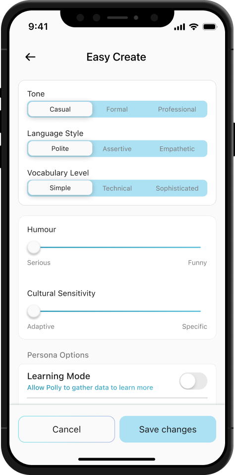 Easy Create will give custom preset options that Polly will default prompt the AI based on the user's parameters.