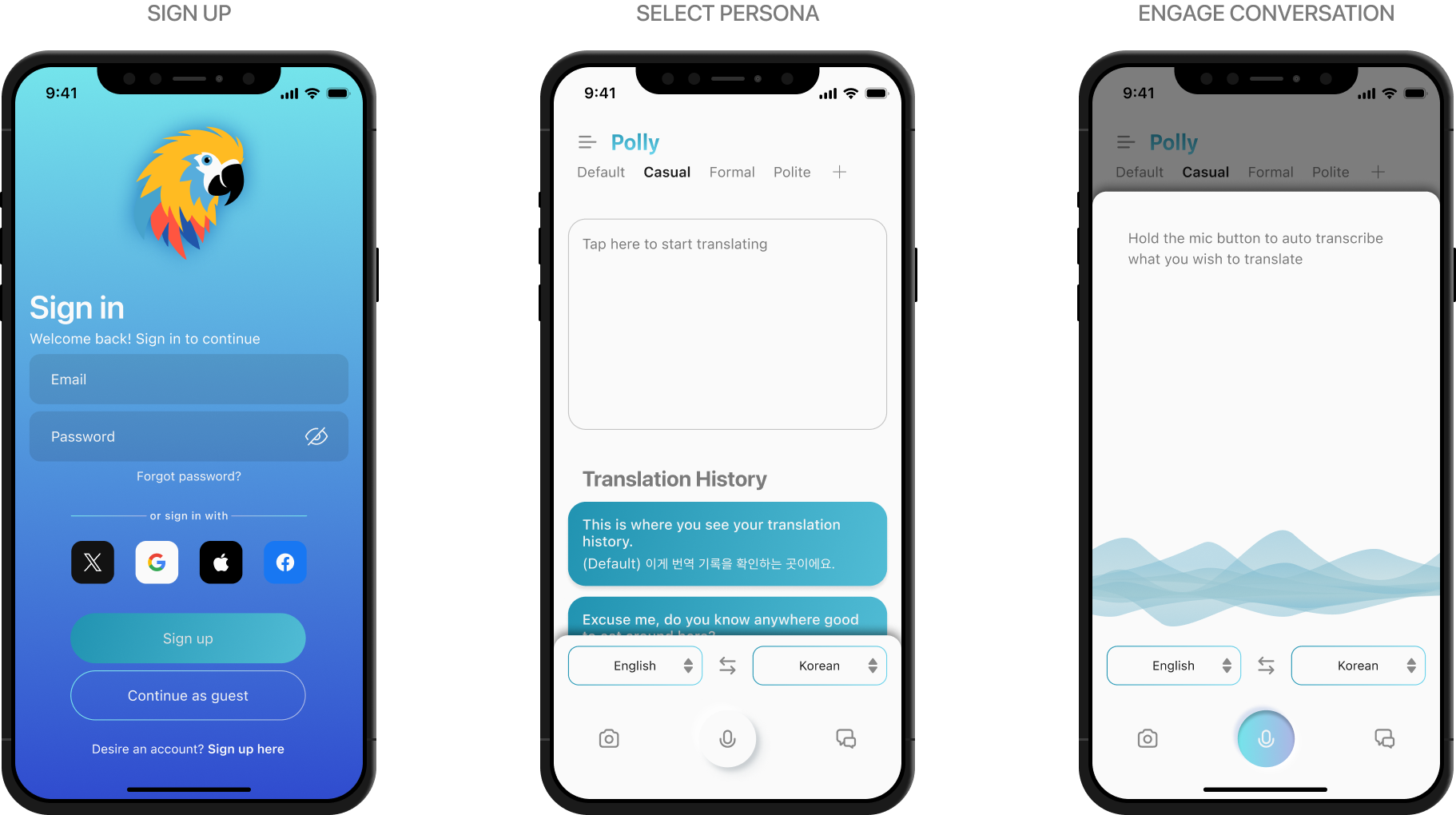 overview of signup, persona, and dialog screens for polly